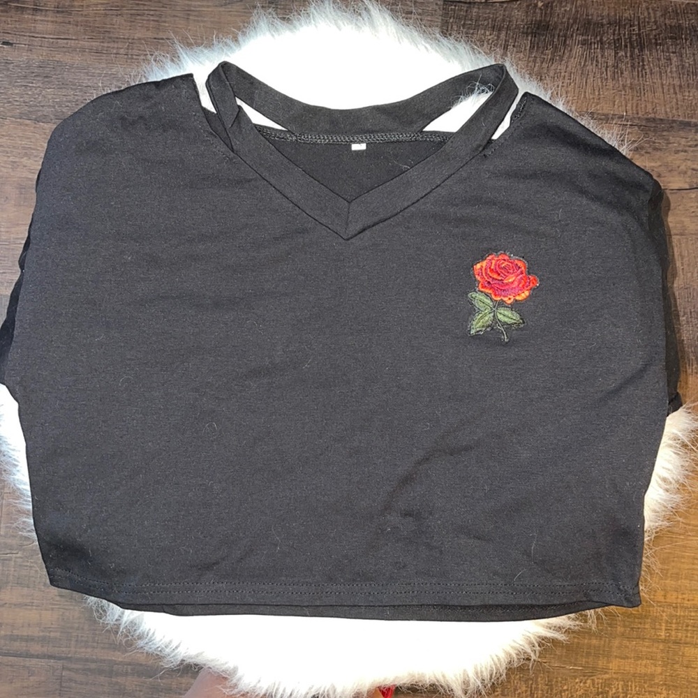Black Rose Embroidered Cut Out Cropped Tee